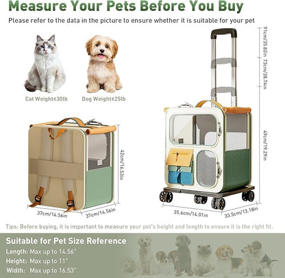 Cat Carrier with Wheels, Soft Rolling Pets Carrier Collapsible on Wheel Pet Handbag Cats Backpack, Dog Carriers up to 25 LBs Removable Cat Bag for Small Dogs Medium Cats Outing(NOT for TSA)