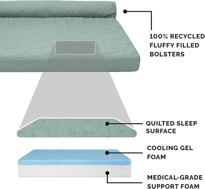 Furhaven Cooling Gel Dog Bed for Large Dogs w/ Removable Bolsters &amp; Washable Cover, For Dogs Up to 95 lbs - Pinsonic Quilted Paw L Shaped Chaise - Iceberg Green, Jumbo/XL