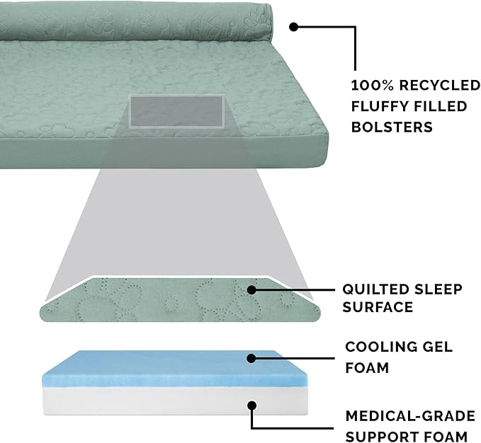 Furhaven Cooling Gel Dog Bed for Medium/Small Dogs w/ Removable Bolsters &amp; Washable Cover, For Dogs Up to 35 lbs - Pinsonic Quilted Paw L Shaped Chaise - Iceberg Green, Medium