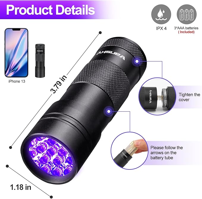 Black Light UV Flashlight,Vansky Blacklight 12 LED Urine Detector For Dog/Cat/Pet Urine &amp; Dry Stains and Bed Bug On Carpets/Rugs/Floor,Matching with Pet Odor Eliminator