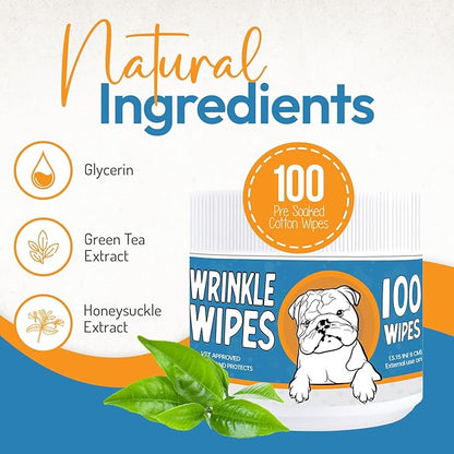 Bulldog Wrinkle Wipes for Dogs – Deodorizing &amp; Soothing with Honeysuckle Extract – Non-Irritating, Cleans Wrinkles, Folds, Paws &amp; Tail Pockets – for Bulldogs, Pugs &amp; Frenchies (100 Count)