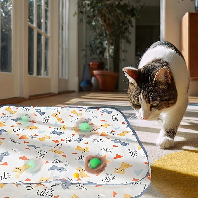 Rocfish Interactive Cat Toys Ball - Automatic Fast Rolling Ball in Play Mat, Hide and Seek Mouse Catching Game, Low-Noise Cat Enrichment Toys in Pouch for Indoor Bored Cats (Green Toy &amp; Square Mat)