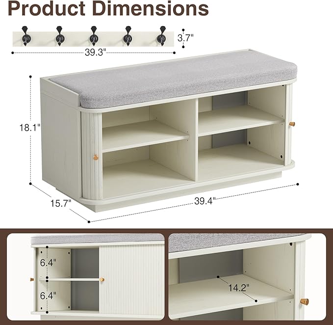 Cream White 39.4" W 2-Tier Shoe Bench with Storage | Entryway Bench with Padded Cushion, Sliding Doors &amp; 5 Hooks