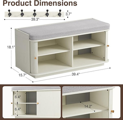 Cream White 39.4" W 2-Tier Shoe Bench with Storage | Entryway Bench with Padded Cushion, Sliding Doors &amp; 5 Hooks