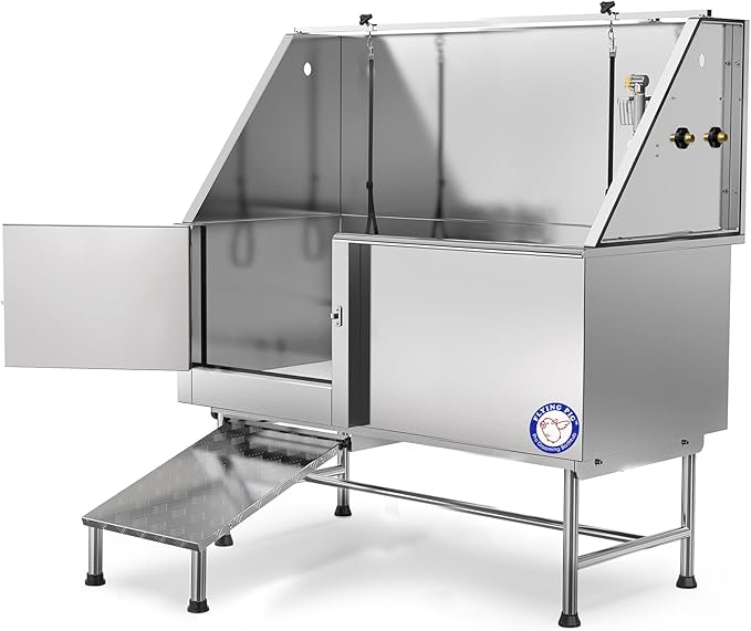 Flying Pig 62" Stainless Steel Pet Dog Grooming Bath Tub with Walk-in Ramp &amp; Accessories (Left Door/Right Drain)