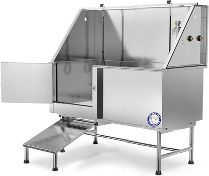 Flying Pig 62" Stainless Steel Pet Dog Grooming Bath Tub with Walk-in Ramp &amp; Accessories (Left Door/Right Drain)