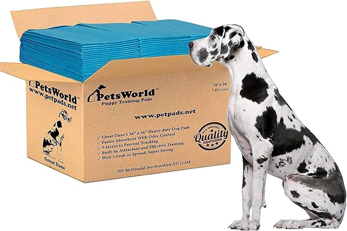 PETSWORLD Giant Dog Potty Pads, Odor-Eliminating, 36" x 36", Ultra Absorbent 5-Layer Leak-Proof Training Pads for Dogs &amp; Cats (36x36, 140 Count)