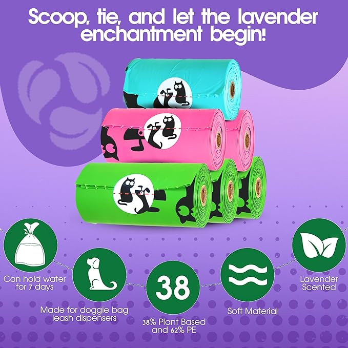 Pet N Pet 720 Counts Lavender Scented, Colorful Poop Bags for Dogs, 38% Plant Based &amp; 62% PE Dog Poop Bags Rolls, Extra Thick Dog Waste Bag, Doggy Bag