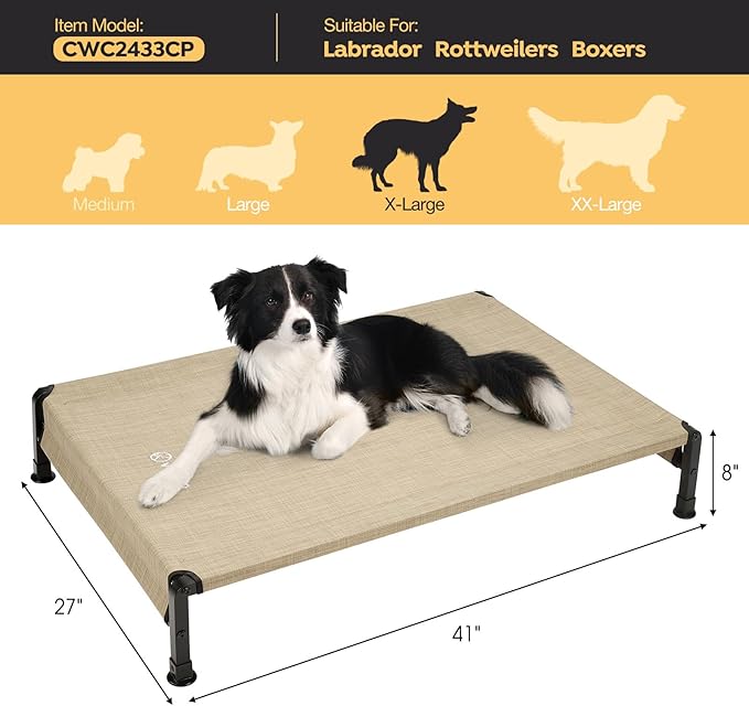 Veehoo Cooling Outdoor Dog Bed, Heavy Duty Elevated Pet Bed with Washable &amp; Breathable Teslin Mesh, Non-Slip Silicon Feet, Dog Cot Bed with Support Hem, 41" x 27", Beige Coffee, CWC2433