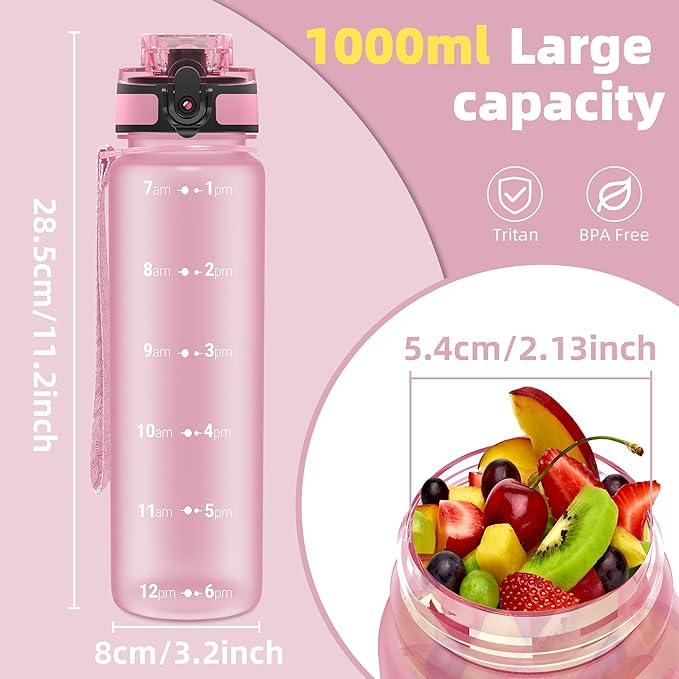 OLDLEY 32 oz Water Bottle, Motivational Water Bottle with Time Marker, Sports Water Bottle With Strap, Leakproof &amp; BPA Free Large Water Bottles for School, Gym, Travel, Outdoor, Tritan,Pink