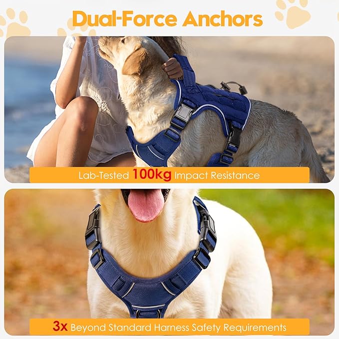 Heavy-Duty Tactical Dog Harness for Large Dogs, No Pull Adjustable Reflective Pet Vest with Molle System, K9 Military-Grade Control for Service Training, Outdoor &amp; 10+ Breeds, Dazzling Blue, Medium