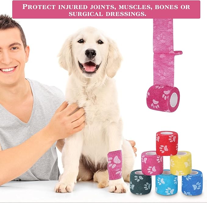 Vet Wrap Self Adhering Bandage Wrap Cohesive Bandage Multi-Function Wrap Tape for Dogs Cats Horses Birds Animals Non-Woven Strong Sports Tape for Wrist Healing Ankle Sprain &amp; Swelling 12 Rolls