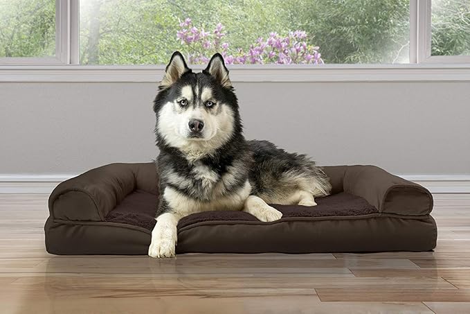 Furhaven Cooling Gel Dog Bed for Large Dogs w/ Removable Bolsters &amp; Washable Cover, For Dogs Up to 95 lbs - Plush &amp; Suede Sofa - Espresso, Jumbo/XL