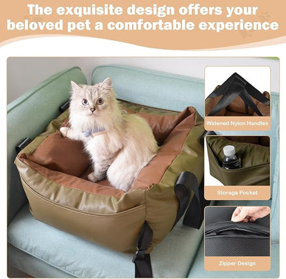 Dog Car Seat for Small Dogs, Large Leather Dog Car Bed with Storage Pocket, Waterproof PVC Leather Booster Seat Travel Bed for Front &amp; Back Seat, Clip-On Safety Leash (Green/Brown)