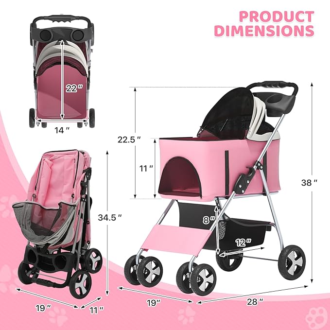 Magshion Foldable Pet Stroller, 3-in-1 Dog Travel Jogger with Detachable Carrier, Cup Holder, Storage Basket, Folding Carrier for Small/Medium Dogs &amp; Cats Up to 33 lbs, Pink