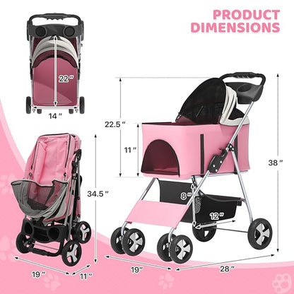 Magshion Foldable Pet Stroller, 3-in-1 Dog Travel Jogger with Detachable Carrier, Cup Holder, Storage Basket, Folding Carrier for Small/Medium Dogs &amp; Cats Up to 33 lbs, Pink