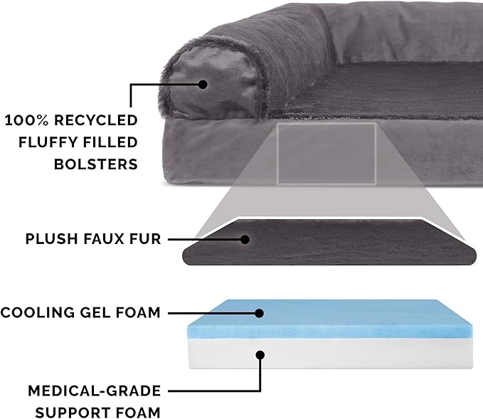 Furhaven Cooling Gel Dog Bed for Medium/Small Dogs w/ Removable Bolsters &amp; Washable Cover, For Dogs Up to 35 lbs - Plush &amp; Velvet L Shaped Chaise - Platinum Gray, Medium