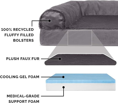 Furhaven Cooling Gel Dog Bed for Large/Medium Dogs w/ Removable Bolsters &amp; Washable Cover, For Dogs Up to 55 lbs - Plush &amp; Velvet L Shaped Chaise - Platinum Gray, Large