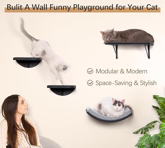 Curved Cat Wall Hammock Bed with Grey Foam Cushion – Floating Cat Wall Shelf Nest for Climbing, Sleeping &amp; Lounging