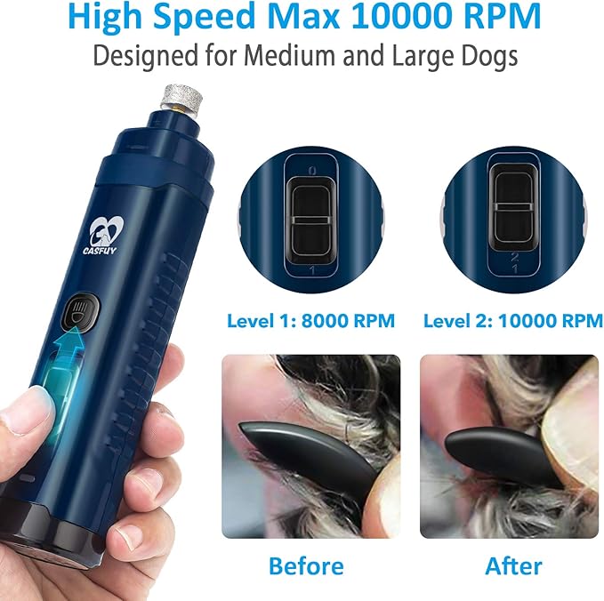 Casfuy Dog Nail Grinder with 2 LED Light - 4.8V Super Powerful 2-Speed Electric Pet Nail Trimmer for Medium Large Dogs Quiet Rechargeable Painless Paws Grooming &amp; Smoothing Tool (Dark Blue)