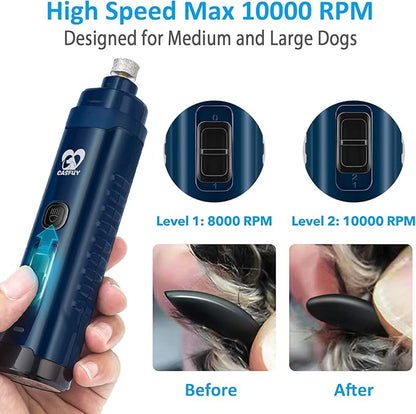 Casfuy Dog Nail Grinder with 2 LED Light - 4.8V Super Powerful 2-Speed Electric Pet Nail Trimmer for Medium Large Dogs Quiet Rechargeable Painless Paws Grooming &amp; Smoothing Tool (Dark Blue)