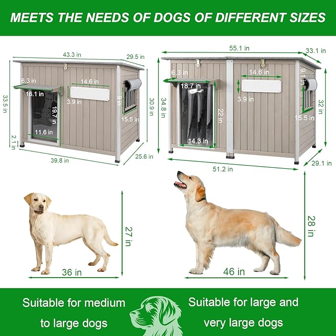 Dog House Outdoor Weatherproof &amp; Wooden Dog Kennel with Chew-Proof Iron Frame，Removable Floor, Adjustable Vent Window, Easy Assembly for Large and Extra-Large Dogs 55.1" D x 33.1" W x 34.8" H