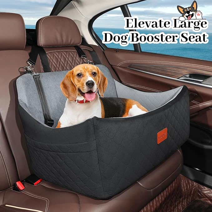 Dog Car Seat for Medium &amp; Large Dogs Up to 55lbs, Memory Foam Cushion, Washable Cover, Safety Straps &amp; Non-Slip Base(Black/Grey,Large)