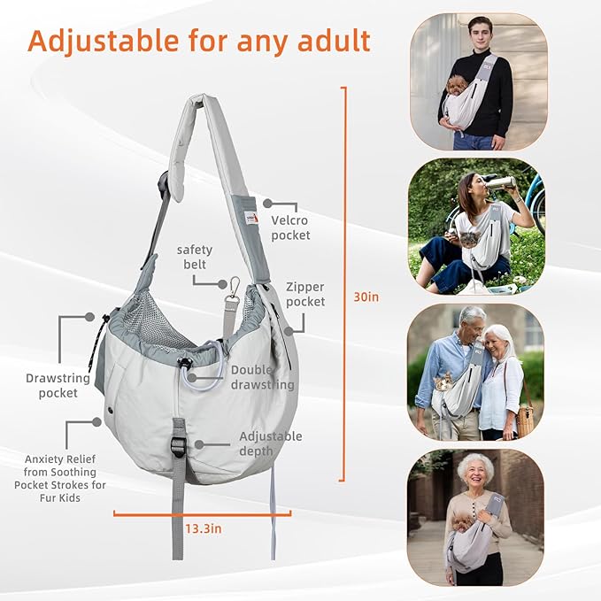 Dog Carrier Sling,Dog Carriers for Small Dogs &amp; Cats Up to 20lbs,Puppy Carrying Backpack Pet Purse with Pockets,Adjustable Shoulder Strap,Hands Free for Travel (Grey)