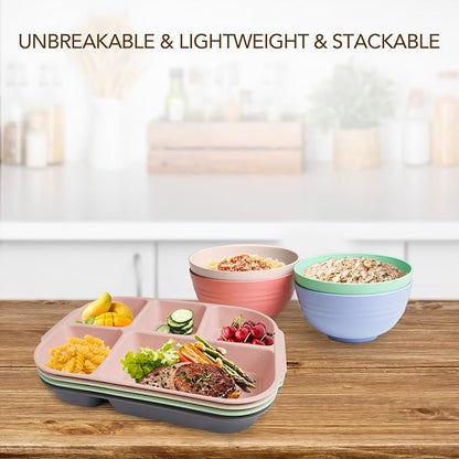greenandlife 10.8 Inch 4PCS Divided Plates for Kids Adults, Portion Control Plates, Dishwasher &amp; Microwave Safe Compartment Plate, Unbreakable Lightweight Reusable Wheat Straw Plates, INS