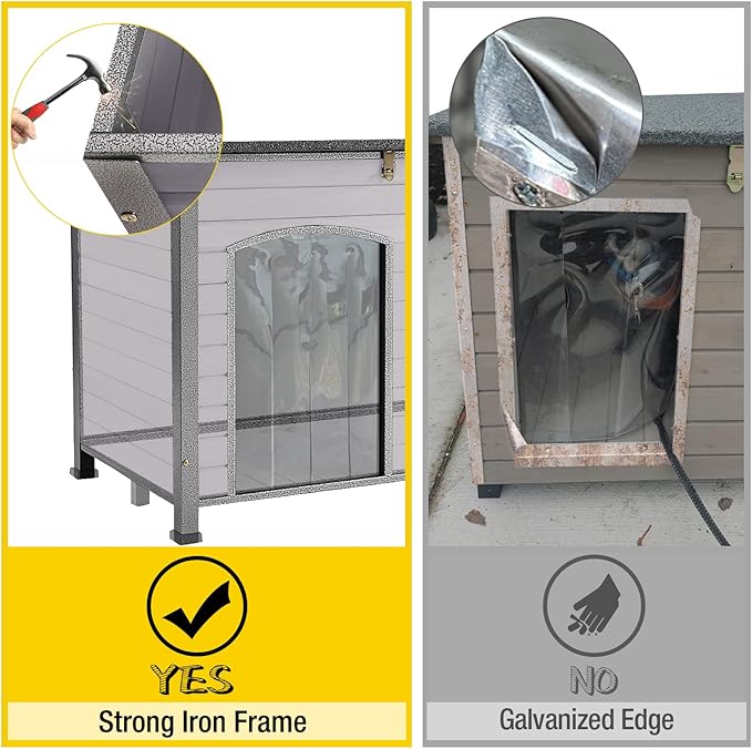 Aivituvin Large Dog House Outdoor Indoor Weatherproof Dog House for Small &amp; Medium &amp; Large Dogs with Unique All-Around Iron Frame＆Raised Feet（Grey）
