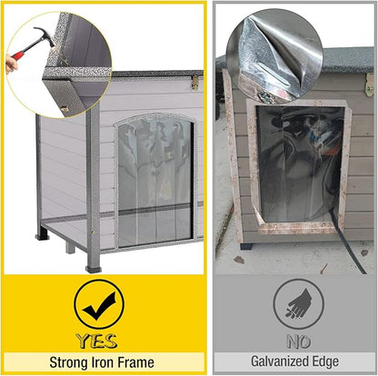 Aivituvin Large Dog House Outdoor Indoor Weatherproof Dog House for Small &amp; Medium &amp; Large Dogs with Unique All-Around Iron Frame＆Raised Feet（Grey）