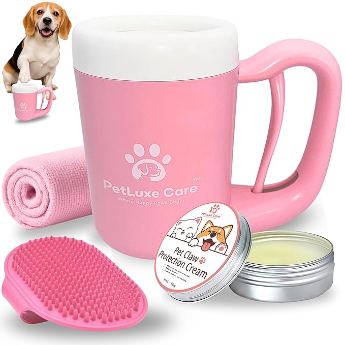 Dog Paw Cleaner for Small &amp; Medium Dogs – Portable Paw Washer Cup with Soft Silicone Brush, Towel &amp; Moisturizing Balm – Gently Cleans Muddy Paws After Walks (Pink, Medium)