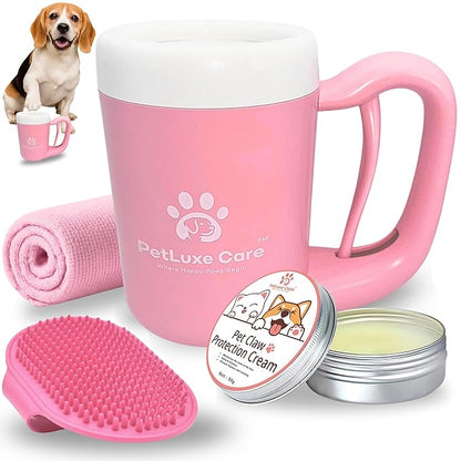 Dog Paw Cleaner for Small &amp; Medium Dogs – Portable Paw Washer Cup with Soft Silicone Brush, Towel &amp; Moisturizing Balm – Gently Cleans Muddy Paws After Walks (Pink, Medium)