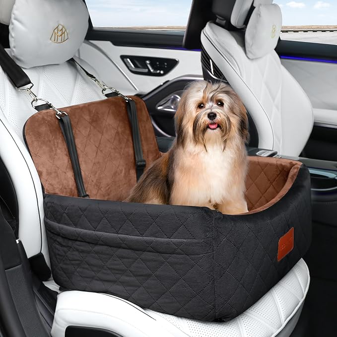 Dog Car Seat for Small Dogs Under 30lbs,Ultra Soft Fabric &amp; Memory Foam Pet Travel Car Bed,Washable &amp; Detachable,Anti-Slip Bottom,2 Storage Pockets and Safety Tethers(Black/Brown)