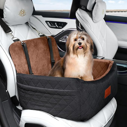 Dog Car Seat for Small Dogs Under 30lbs,Ultra Soft Fabric &amp; Memory Foam Pet Travel Car Bed,Washable &amp; Detachable,Anti-Slip Bottom,2 Storage Pockets and Safety Tethers(Black/Brown)