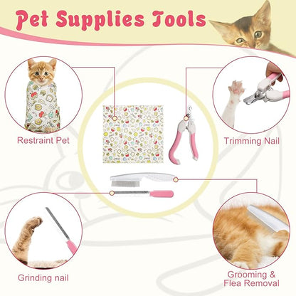 4p Cat Wrap for Cutting Nails Set, Self-Adhesive Cat Wrap Comfortable &amp; Soft Cat Grooming Wrap Suitable for Many Cat Sizes Cat Burrito Wrap for Trimming Nails