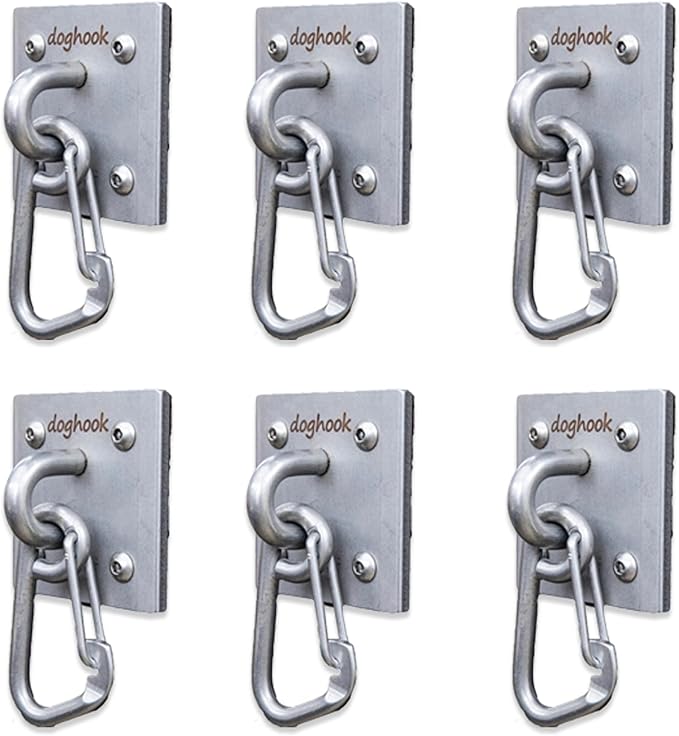 Canine Hitch- Secure Dog Leash Parking Wall Large Hook with Clip 6 Pack - Tie Out Stainless Steel &amp; ABS Mounting Plate for Strength - Practical Lead Management for Home &amp; Business