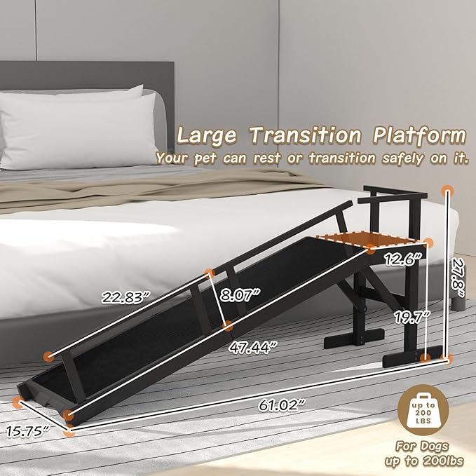61" Dog Ramp for Bed, Pet Ramp with Removable Side Rail and Non-Slip Surface, Pet Ramp for Small &amp; Large &amp; Senior Dogs with Rest Platform and DIY Glow Strips,Dog Stairs for Couch,Black