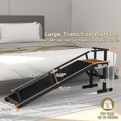 61" Dog Ramp for Bed, Pet Ramp with Removable Side Rail and Non-Slip Surface, Pet Ramp for Small &amp; Large &amp; Senior Dogs with Rest Platform and DIY Glow Strips,Dog Stairs for Couch,Black