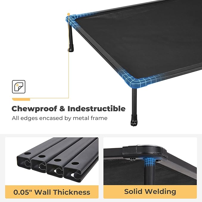 Veehoo Chewproof Elevated Dog Bed - Cooling Raised Pet Cot, Breathable Mesh, Washable &amp; Non-Slip for Large Dogs, Indoor/Outdoor, Black Mat and Black Frame, 59x37inches (Model CWC2203A03)