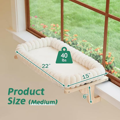 SnugCloud Cat Window Perch with 4-Sided Bolster - Orthopedic Cat Hammock for Window Sill - Solid Hardwood &amp; Metal Frame - Window Seat for Pets (Natural Color Wood w/White Bed, Medium)