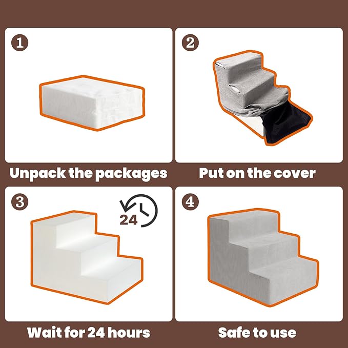 MEWANG Dog Stairs for Small &amp; Medium Dogs and Old Cats –3/4/ 5 Steps High-Density Foam Pet Ramp for Bed &amp; Couch, Non-Slip, Washable Cover, Grey (Square Corner, 4 Steps: 23.94&