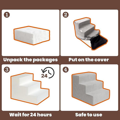 MEWANG Dog Stairs for Small &amp; Medium Dogs and Old Cats –3/4/ 5 Steps High-Density Foam Pet Ramp for Bed &amp; Couch, Non-Slip, Washable Cover, Grey (Square Corner, 4 Steps: 23.94&