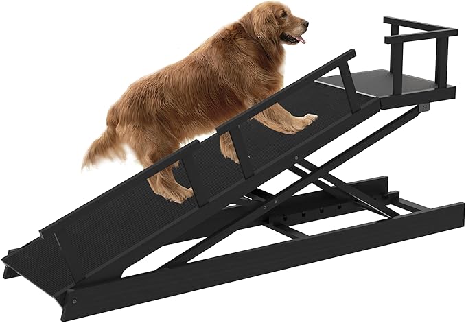 6 Level Height Adjustable Dog Ramp for Bed, Couch 65" Foldable Pet Ramp with Non-Slip Mat，DIY Glow Strips &amp; Rest Platform Heavy Duty Dog Stairs for Large Dogs up to 200Lbs ，Black