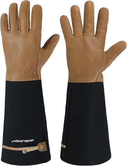 HANDLANDY Long Gardening Gloves for Men &amp; Women, Cowhide Leather Rose Pruning Gloves, Breathable Thorn Proof Gauntlet Glove (Brown-Cowhide, S)