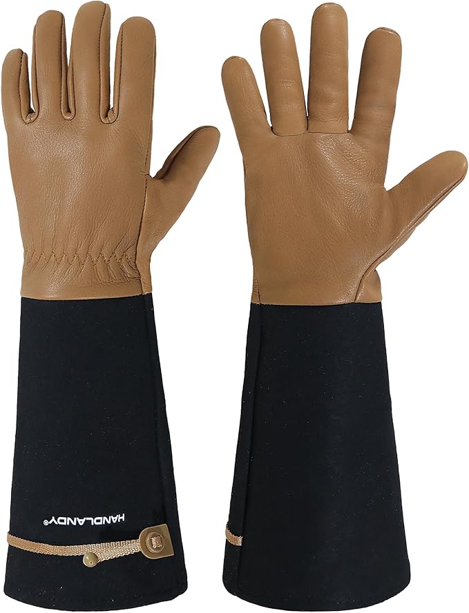 HANDLANDY Long Gardening Gloves for Men &amp; Women, Cowhide Leather Rose Pruning Gloves, Breathable Thorn Proof Gauntlet Glove (Brown-Cowhide, L)