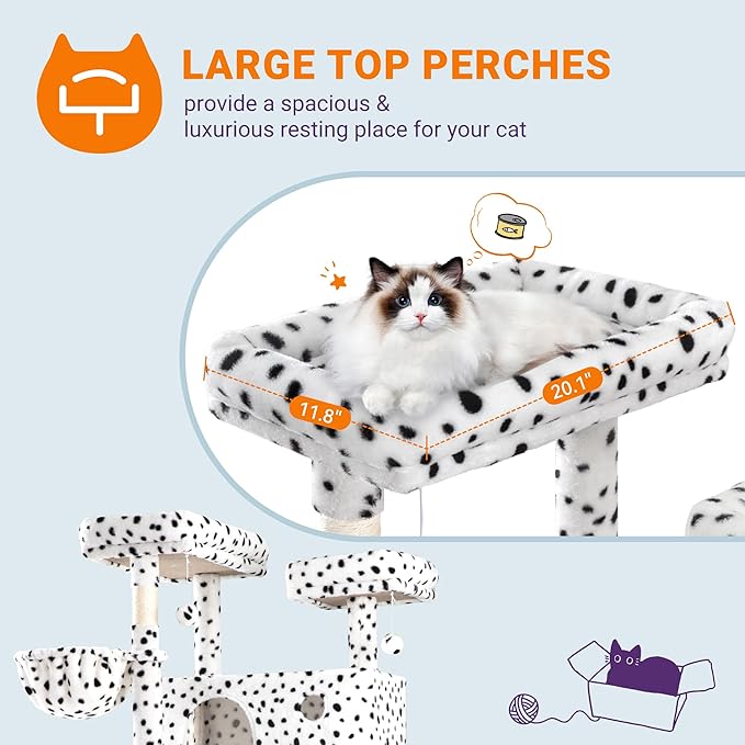 Allewie 81 Inches Tall Cat Tree/Multi-Level Large Climbing Tree House and Towers for Big Feline/Condo and Hammock/Scratching Post/Wide Base/White &amp; Black Spot