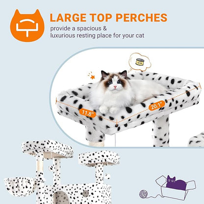 Allewie 81 Inches Tall Cat Tree/Multi-Level Large Climbing Tree House and Towers for Big Feline/Condo and Hammock/Scratching Post/Wide Base/White &amp; Black Spot