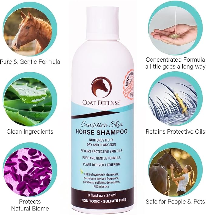 COAT DEFENSE Sensitive Skin Shampoo for Horses | All-Natural &amp; Made in USA | Hypoallergenic Aloe Based - Soothes and Relieves Itchy, Dry and Inflamed Skin | Safe for Everyone | 8oz. Concentrated