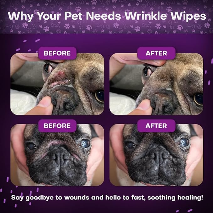 Wrinkle Wipes for Dogs | 3X Larger Dog Face Wipes for French Bulldog and Pug - Cleanse Skin Folds, Tear Stains, Tail Pockets | Anti-Itch, Soothing, &amp; Hypoallergenic with Coconut Oil | 50 Count